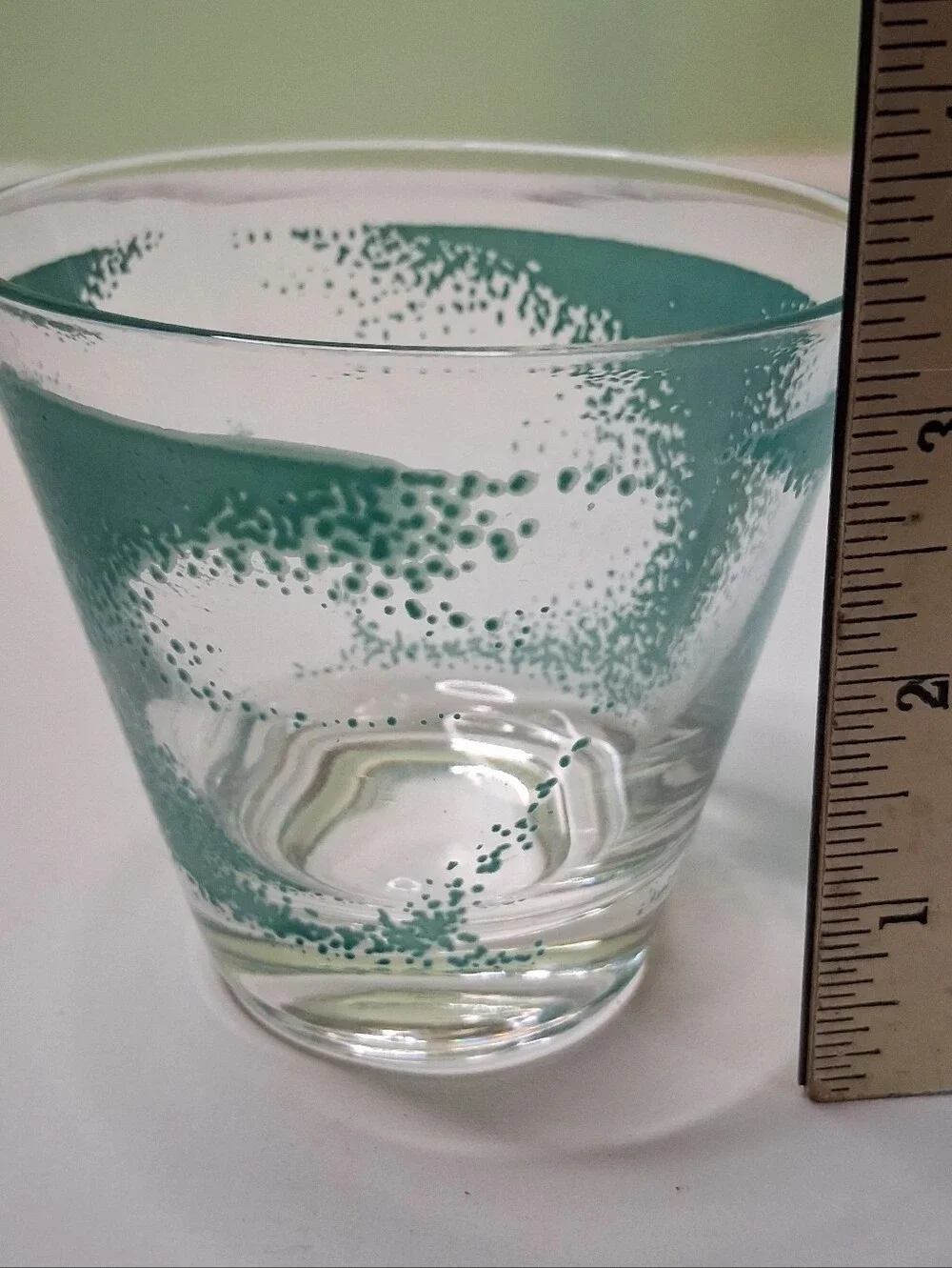 Vintage Fred Press Signed Teal Stipple Rocks Glass MCM Mid Century Barware